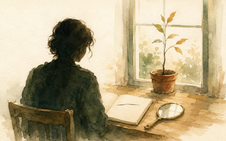 Acuarela de una persona de espaldas en una mesa pequeña junto a la ventana, un cuaderno abierto y un espejo pequeño delante, un árbol joven en una maceta en el alféizar