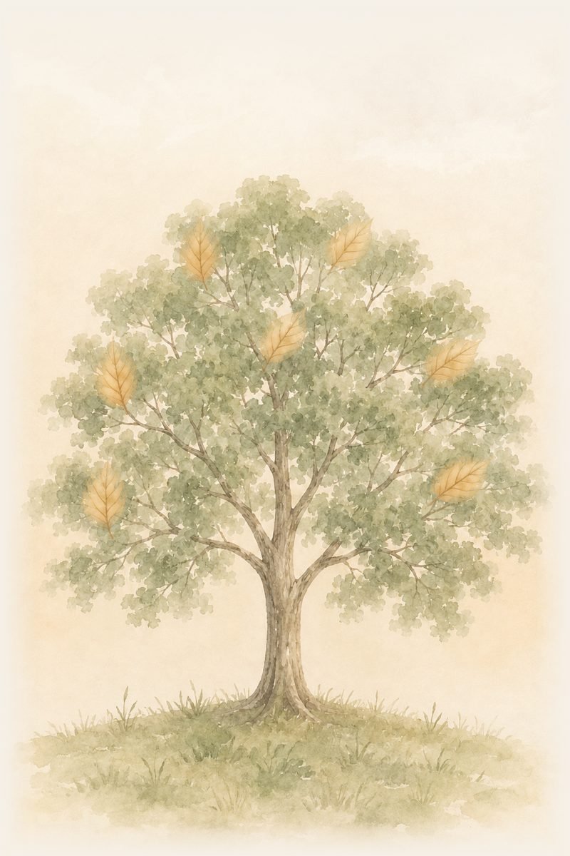 Watercolour of a tree seen from the roots, ochre and sage on paper.