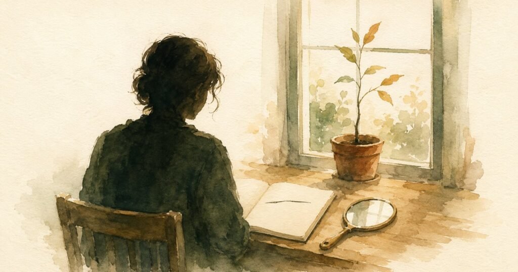 Watercolor of a person seen from behind at a small table by a window, an open notebook and a small mirror in front of them, a young tree in a pot on the sill