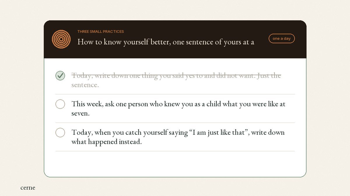 Card with three small practices for knowing yourself better: write down one unwanted yes, ask someone what you were like at seven, and replace “I am just like that” with what happened
